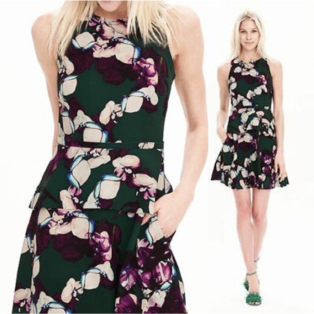 Banana Republic Dark Green Floral Print Peplum Sleeveless Dress